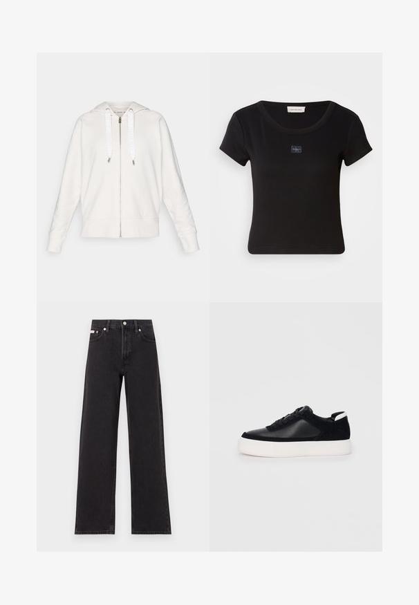 Světle šedá mikina na zip vyrobená z měkké látky, s kapucí, bílými stahovacími šňůrami s logem a žebrovanými manžetami a lemem.; Černé tričko s krátkým rukávem a žebrovanou texturou, s malou nášivkou loga na hrudi a kulatým výstřihem.; Černé široké jeansy vyrobené z denimu, s vysokým pasem, pěti kapsami a kovovým zapínáním s kontrastním prošíváním.; Černé sneakersy s hladkou kůží a semišovými panely, plochými šňůrkami, zaoblenou špičkou a bílou gumovou podrážkou. Výrazné logo na patě.