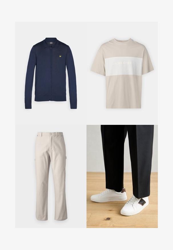 Cárdigan de cremallera en color navy, hecho de tejido de punto suave, con un cuello clásico y un pequeño logo amarillo en el lado izquierdo del pecho.; Camiseta de algodón beige con un panel horizontal blanco que presenta el texto "JACK & JONES ESSENTIALS WORLDWIDE" en letras en relieve. Mangas cortas.; Pantalones de cargo beige hechos de algodón resistente con piernas rectas, cierre frontal con botón y bolsillos laterales para mayor utilidad. Textura suave con costuras sutiles.; Zapatillas blancas con textura suave, con acentos de cuero marrón y detalles en negro, combinadas con pantalones negros ajustados. Fondo de suelo de madera.