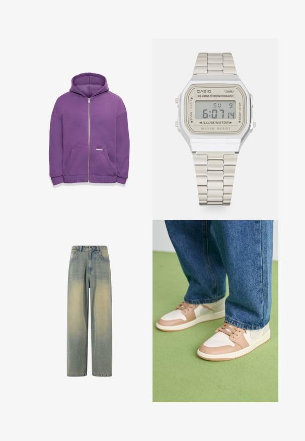 Lila zipzáros kapucnis pulóver, elülső zsebekkel és bordázott mandzsettákkal. Sima anyag, laza szabás és egy kisebb márkajelzés a zseben.; Fehér pamut ujjatlan felső kerek nyakkivágással, széles vállpántokkal és egyenes szegéllyel, sima textúrával, látható minták nélkül.; Fehér, hosszú ujjú ing, függőleges csíkozással, gombos gallérral és kerekített hem. Kisebb, narancssárgában hímzett logóval rendelkezik.; Világoskék farmer széles szárú nadrág, elhalványult gradiencettel, öt zsebbel és klasszikus derékkal, övhurkokkal.; Fehér és bézs bőr sportcipők lekerekített orral, perforált orr résszel és bézs kiegészítőkkel. Kék farmernadrággal viselve egy zöld felületen.; Digitális Casio óra, amely téglalap alakú ezüst színű rozsdamentes acél házzal, bézs számlappal, fekete kijelzővel, fém láncszíjjal és vízálló tulajdonságokkal rendelkezik.