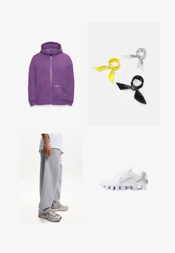 Hoodie zippé violet avec capuche, poches avant et poignets côtelés. Tissu lisse avec une coupe décontractée et une petite étiquette de marque sur la poche.; Débardeur en coton blanc avec un col rond, de larges bretelles et un ourlet droit, présentant une texture lisse et sans motifs visibles.; Pantalon de survêtement gris en tissu doux, avec une coupe décontractée et une taille élastique. Associé à des baskets de sport beiges et grises.; Chaussures de sport blanches avec une tige texturée, un logo Swoosh argenté, des empiècements en mesh et une semelle blanche segmentée distinctive.; Trois bandanas : un jaune avec des motifs noirs, un blanc avec des motifs noirs, et un noir avec des graphiques blancs. Tous sont carrés et en tissu léger.