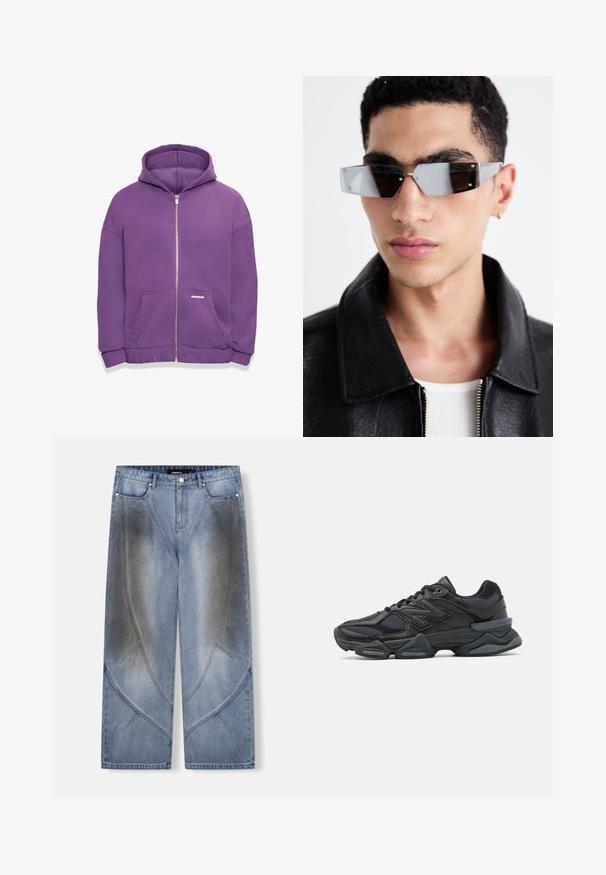 Felpa viola con zip, dotata di cappuccio, tasche frontali e polsini a costine. Tessuto morbido con una vestibilità rilassata e un piccolo etichetta del marchio sulla tasca.; Top senza maniche a quadri con tonalità rosse, blu, gialle e marroni, caratterizzato dalla parola "WESTWOOD" in bold lettere gialle sul petto con accenti a stella.; Camicia in flanella con un motivo a quadri giallo e nero, maniche lunghe, due tasche sul petto, chiusura con bottoni e vestibilità comoda.; Jeans in denim azzurro chiaro a gamba larga con un design angolare unico, effetti di sbiadimento e dettagli di cuciture a contrasto. Stile a cinque tasche.; Scarpa da corsa nera con una combinazione di materiali in rete e sintetici, suola spessa, design curvo e marchio ben visibile sul lato.; Occhiali da sole angolari con tonalità grigia e hardware in argento, su uno sfondo chiaro. Le lenti presentano una forma geometrica unica.