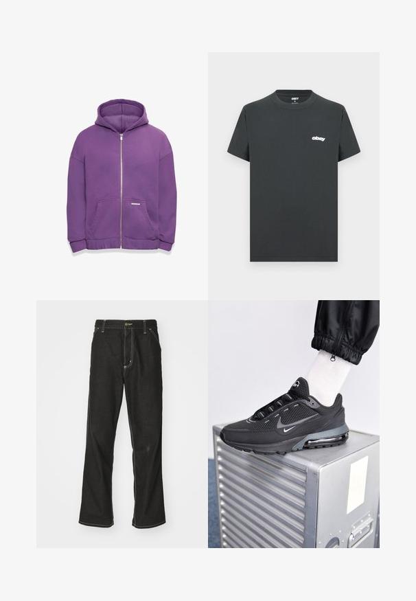 Paarse ritssluiting hoodie met een capuchon, voorzakken en ribgebreide manchetten. Gladde stof met een relaxte pasvorm en een klein merkje op de zak.; Zwarte katoenen T-shirt met korte mouwen, ronde hals, en een wit "obey" logo op de linkerkant van de borst. Gladde textuur, regular fit ontwerp.; Zwarte denim jeans met een losse pasvorm, voorzien van contrasterende witte stiksels, een knoopsluiting en een recht ontwerp.; Nike Sportswear PULSE - Sneakers laag - black/anthracite