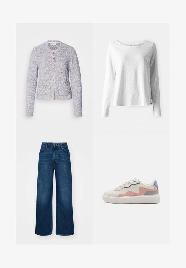 Svetle modrý pletený cardigan s kulatým výstřihem, zdobený zlatými knoflíky a předními kapsami. Texturovaná látka dodává útulný vzhled.; Bílé tričko s dlouhým rukávem z měkké, lehké tkaniny; má kulatý výstřih a mírně uvolněný střih; štítek viditelný na boku.; Džíny s vysokým pasem a širokými nohavicemi v tmavě modré denimové barvě s hladkou texturou, kontrastním šitím a designem se pěti kapsami. Zapínání na přední knoflík.; Nízké tenisky s bílým syntetickým svrškem, růžovými a šedými semišovými akcenty, texturovanou bílou gumovou podešví a barevnými tkaničkami.