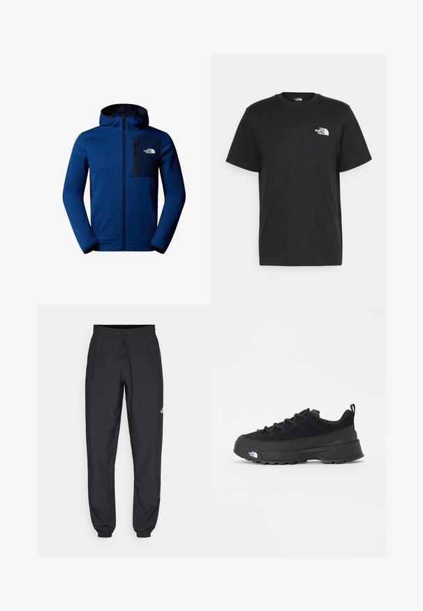 Tmavě modrá bunda s kapucí, se zipem vpředu, elastickými manžetami a náprsní kapsou. Má hladký materiál a kontrastní černé akcenty.; Černé bavlněné tričko s krátkými rukávy, kulatým výstřihem a malým bílým logem na levém hrudníku. Jednoduchý design, hladká textura a uvolněný střih.; Černé sportovní kalhoty vyrobené z lehké tkaniny, s páskem na šňůrku, bočními kapsami a zúženými manžetami na kotnících.; Černé venkovní tenisky s horní částí ze semiše, texturovanou gumovou podrážkou a pevným šněrováním. Obsahují zesílenou patu a logo značky na boku.