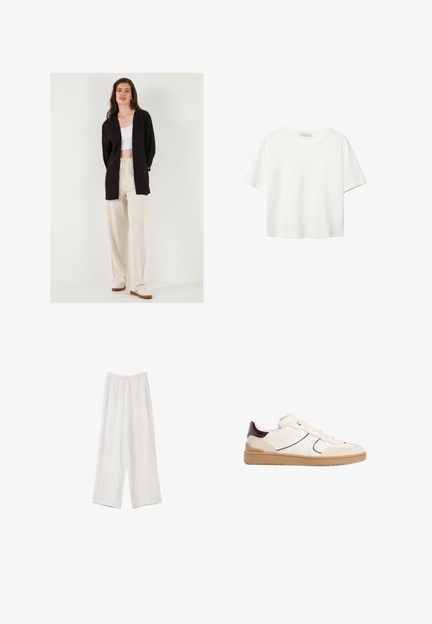 Schwarze offene Strickjacke aus weichem Stoff, mit langen Ärmeln, lockerer Passform und seitlichen Schlitzen, getragen über einem weißen Crop-Top und cremefarbenen Hosen.; Weißes T-Shirt mit kurzen Ärmeln aus Baumwolle. Hat einen Rundhalsausschnitt und eine lockere Passform. Glatte Textur ohne sichtbare Muster oder Akzente.; Weiße weit geschnittene Hose aus leichtem Stoff. Mit einem elastischen Bund und Kordelzug sowie Seitentaschen. Glatte Textur.; Stradivarius Sneaker low - white