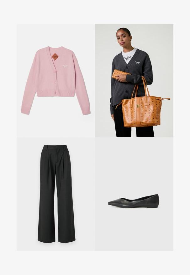 Różowy krótki kardigan wykonany z miękkiego materiału, z dekoltem w serek, pięcioma guzikami, ściągaczami przy rękawach i dolnej krawędzi oraz małym haftowanym logo.; Biała bawełniana koszulka z małym czarnym logo z skrzydłami i napisem "MCM" na przedniej części. Krótkie rękawy i klasyczny dekolt.; Won Hundred CAMILLE czarny; Czarne skórzane baletki z ostrym noskiem, niskim obcasem i gładką fakturą. Minimalistyczny design z subtelnym akcentem po boku.; Kobieta ubrana w ciemnoszary kardigan i białą koszulę, trzymająca jasnobrązową skórzaną torbę oraz pasujący portfel z nadrukiem logo.; Skórzany portfel w kolorze jasnobrązowym z czarnymi logo MCM, z zapięciem na klapkę i akcentami w diamentowy wzór. Teksturowana powierzchnia z przeszytymi brzegami.