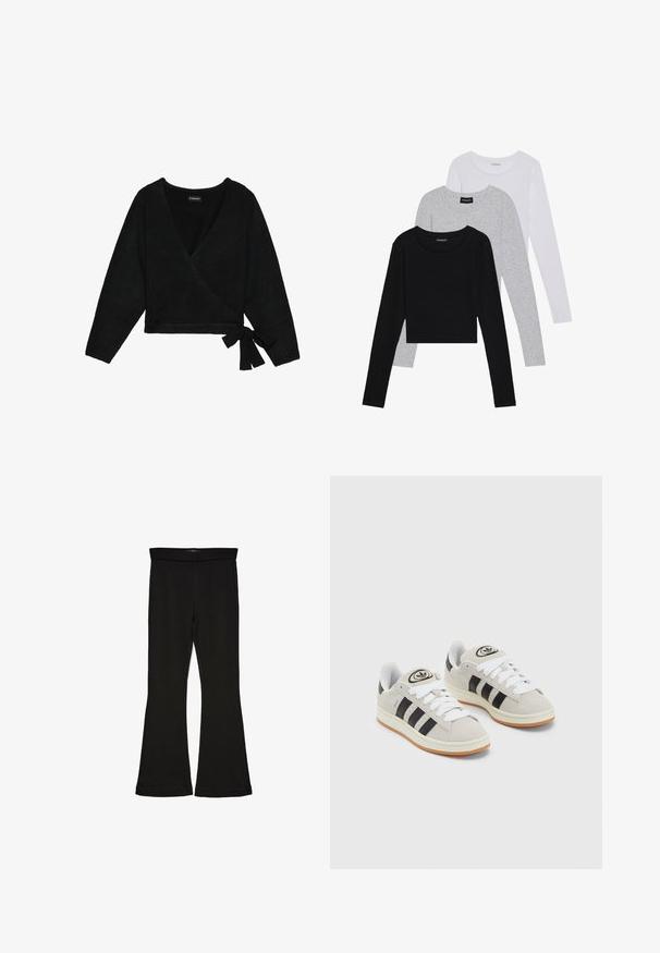 Svart omslagsgenser laget av mykt materiale. Har dyp V-hals, lange ermer, og en sidesnor-detajl for justerbar passform.; Tre lange ermer t-skjorter stablet: svart, grå og hvit. Hver har en rund hals og et kort design med glatt, lett stoff.; Sorte flared leggings laget av stretchy stoff. Har en bred midjebånd og en glatt tekstur, med en tettsittende silhuett som blir videre nedover.; Grå semsket sneakers med hvite lisser, svarte striper og en hvit gummisåle. Har en sirkulær logo på tungen og en gummisåle.