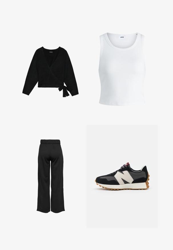 Schwarzer Wickel-Pullover aus weichem Material. Mit tiefem V-Ausschnitt, langen Ärmeln und einem seitlichen Bindeband für eine anpassbare Passform.; Weißes, geripptes Tanktop mit rundem Halsausschnitt, ärmellosem Design und kurzer Länge. Das Etikett trägt die Aufschrift "JJXX". Glatte Stoffstruktur.; Schwarze, weit geschnittene Hose mit elastischem Bund, aus glattem Stoff gefertigt. Hat ein cleanes Design ohne Taschen oder sichtbare Nähte.; Schwarze und graue Wildledersneaker mit einem großen cremefarbenen "N"-Logo, lila Schnürsenkeln und einer strukturierten Gummisohle.