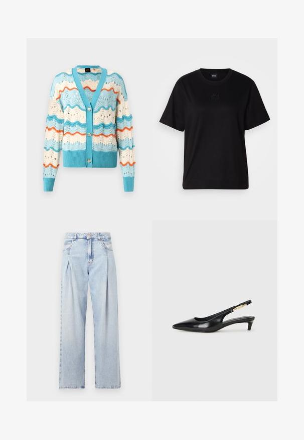 Viegls dzijas jaciņa ar V veida kakla izgriezumu, ar viļņu rakstu tirkīza, krēmkrāsas un oranžas krāsas toņos. Iekļauj pogu aizdari un ribu aproces.; Melna kokvilnas T-krekls ar apaļu izgriezumu, īsām piedurknēm un izšūtu logotipu uz krūtīm. Vienkāršs, brīvs piegriezums bez rakstiem.; Gaiši zilas džinsu bikses ar augstu jostasvietu, plats kāju griezumu, divām sānu kabatām un krokotā dizaina akcentiem. Mīksta tekstūra ar izdilušu apdari.; Melnas ādas slingback zābaki ar smailu purngalu, ar šauru papēdi un zelta krāsas akcentu uz regulējama siksniņas. Gluda tekstūra.