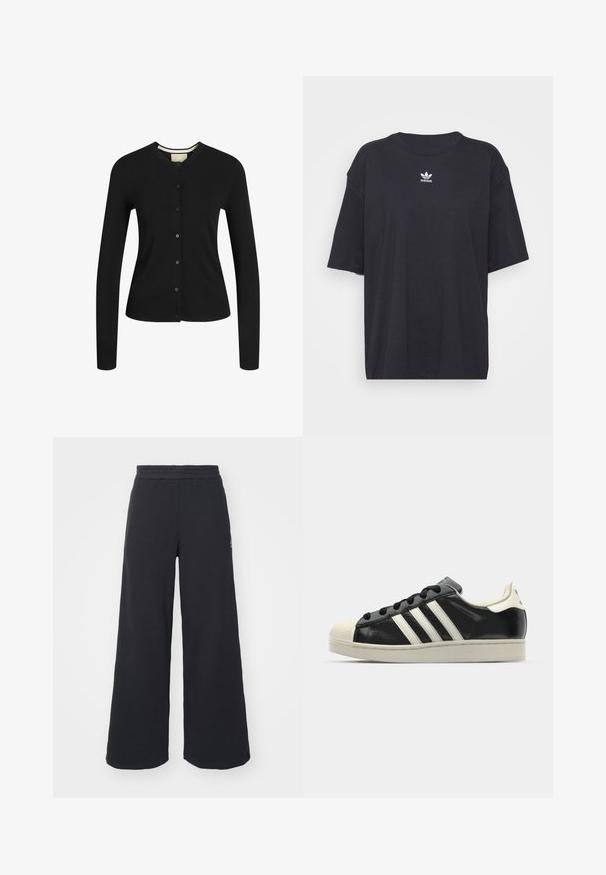 Svart langermet cardigan laget av mykt stoff, med rund hals, knappelukking, ribbestrikket kant og strukturert passform.; Svart bomull T-skjorte med korte ermer, rund halslinje, med en hvit Adidas-logo på brystet. Enkel design, avslappet passform.; Svart bukse med vid benvidde laget av myk stoff, med elastisk midjebånd og en liten logo på venstre side.; Svarte skinnsneakers med hvite striper, gummitopp, svarte lisser og en kremfarget såle. Glatt tekstur med blank finish.
