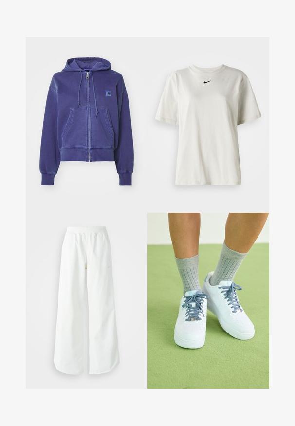 Carhartt WIP HOODED NELSON JACKET - Lukuga pusa - aura; Valge puuvillane T-särk, millel on ümmargune dekoltee ja lühikesed varrukad. Rinnal on väike must Nike logo. Lihtne ja kaunistusteta disain.; Valged laiad spordipüksid, ribadega vöökoht ja diskreetne logosümbol. Sile kangas, lõdvestatud istuvus ja kitsenev ääreosa.; Valged nahast tennisetooted siniste aktsentide ja augustatud varba disainiga, tekstuuriga sinivalged paelad, kantud hallide ribakudumitega sokkidega.