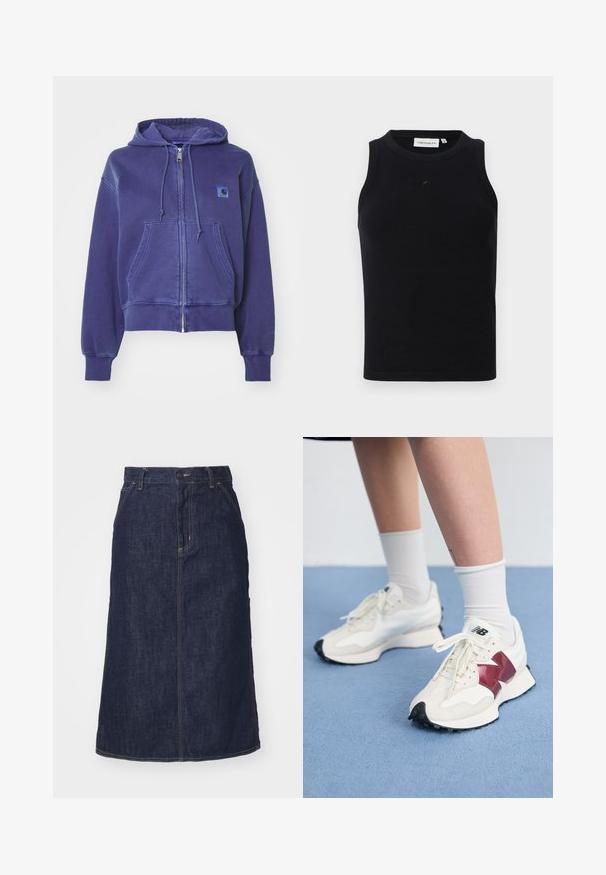 Carhartt WIP HOODED NELSON JACKET - Felpa con zip - aura; Top senza maniche nero realizzato in tessuto ribbed, con scollatura rotonda e un piccolo logo sul davanti. Design semplice e aderente.; Gonna di jeans scuro con vita alta, taglio dritto, tasche frontali e cuciture a vista. Presenta una chiusura con zip e bottone in vita.; Paio di sneakers bianche con accenti bordeaux, pannelli testurizzati, suola piatta nera e lacci leggeri, indossati con calzini bianchi alla caviglia.