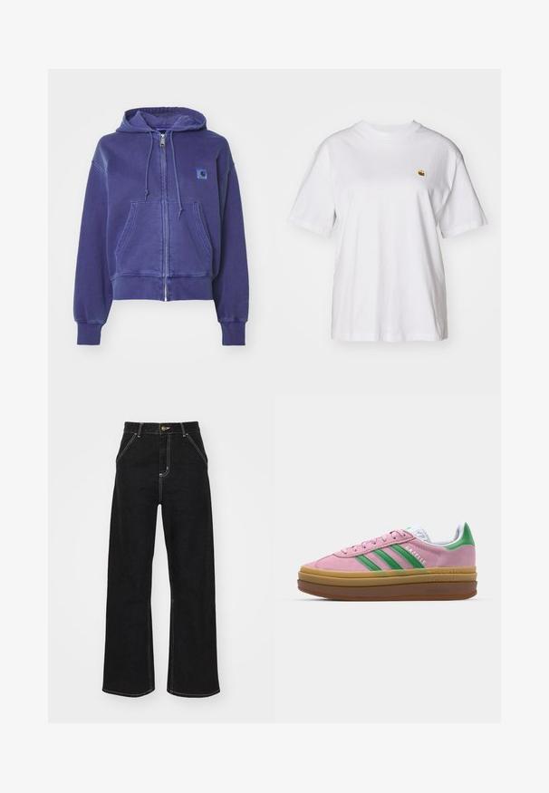 Carhartt WIP HOODED NELSON JACKET - Majica s kapuljačom i patentnim zatvaračem - aura; Bijela pamučna majica s opuštenim krojem, kratkim rukavima i malim izvezenim logom na lijevoj strani prsnog dela.; Crne široke traperice izrađene od denima, s kontrastnim bijelim šavovima i prednjim kopčanjem na dugme, s dva koso oblikovana prednja džepa.; Roze suede tenisice s zelenim trakama, bijelim detaljima i smešnim gumiranim potplatima. Imaju teksturirani materijal i logo detalje sa strane.