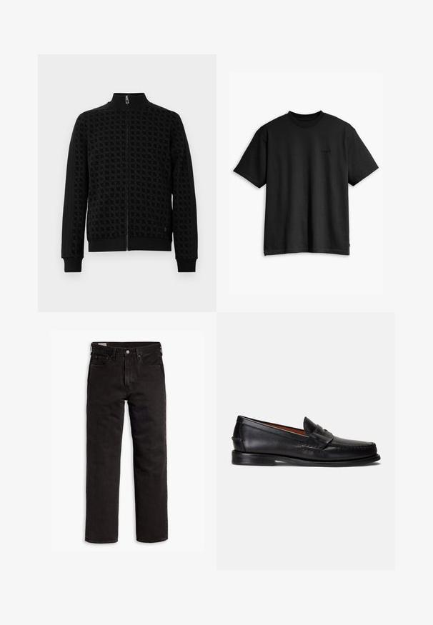 Zwarte zip-up jas met reliëfpatroon, hoge kraag en manchetten. Kenmerkt zijsstrijkaccenten op de mouwen voor extra textuur.; Zwarte katoenen t-shirt met een ronde hals en korte mouwen. Heeft een subtiel logo aan de voorkant en een rechte zoom. Eenvoudig en minimalistisch ontwerp.; Zwarte recht gesneden denim jeans met vijf zakken, knoopsluiting en riemlussen, plat gelegd op een witte achtergrond.; Zwarte leren loafers met een gladde afwerking, een afgeronde neus en een decoratief bandje over de wreef. Voorzien van een lage zwarte zool.