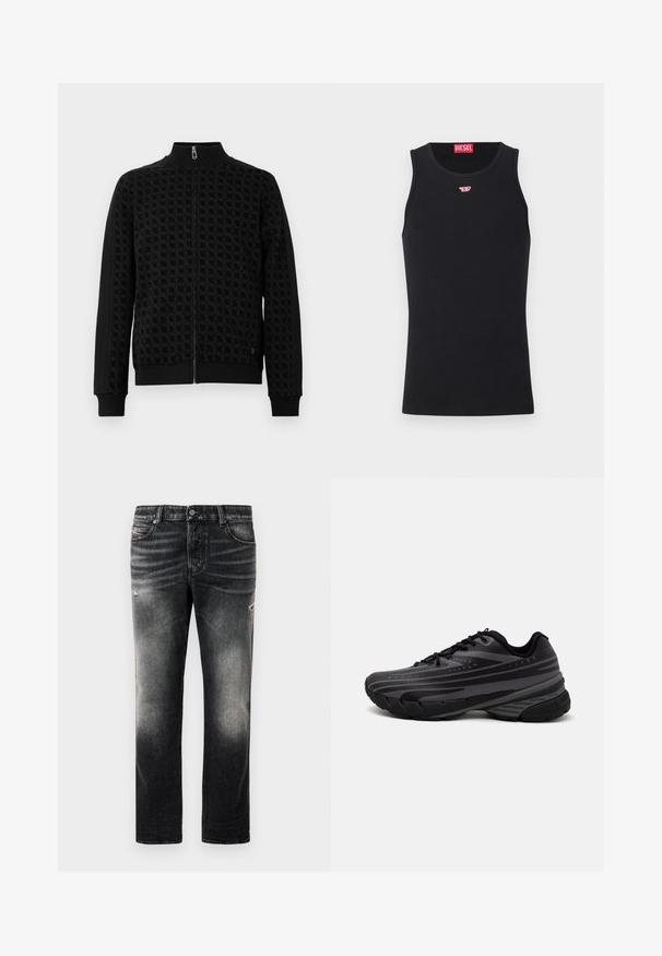 Svart zip-up jakke med preget mønster, høy krage og håndleddsmansjetter. Har sidestripe akcent for ekstra tekstur på ermene.; Svart tanktopp laget av glatt stoff, med rund hals, armhull og en liten rød logo på brystet. Enkel design, ermeløs.; Sorte jeans med en falmet finish og slidte detaljer, standard fem-lomme-design og glidelås foran. Laget av denimstoff.; Svarte joggesko med en teksturert overdel som har grå striper. Tykk såle for demping, rund tå og flate snører for en sikker passform.