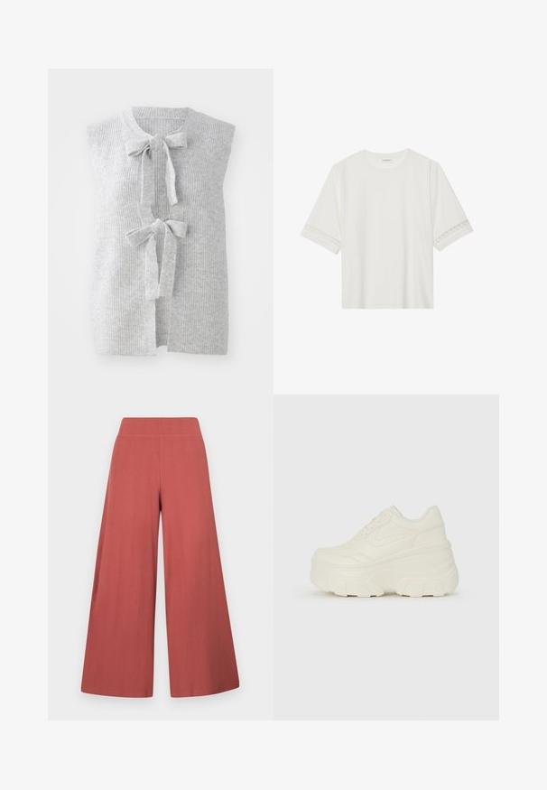 Colete cinza, sem mangas, em malha, com textura canelada e dois laços frontais. Design de frente aberta com um material suave e leve.; T-shirt branco de manga curta feito de algodão, com bainha de renda decorativa nas mangas e decote redondo.; Calças de perna larga em tom ferrugem, feitas em tecido texturizado com nervuras verticais. Possuem um cós alto e elástico.; Tênis brancos de plataforma com um cabedal suave semelhante a couro, formato arredondado, colarinho acolchoado e sola de borracha texturizada com ranhuras bem definidas.