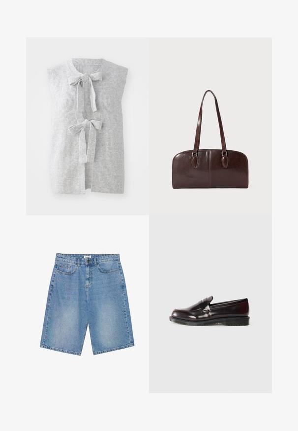 Colete cinza, sem mangas, em malha, com textura canelada e dois laços frontais. Design de frente aberta com um material suave e leve.; Camisola de manga longa branca, feita de algodão, com um pequeno logo laranja e bordô da Carhartt no peito. Design de gola redonda.; Bermudas de denim em azul claro com corte reto, design de cinco bolsos e costura em contraste. Apresenta um fecho com botão e zip.; Mocassins de couro bordô com uma superfície lisa, um detalhe de costura elevada e sola de borracha. Projetados com uma ponta arredondada e hardware mínimo.; Bolsa de couro castanho com duas alças longas, forma retangular estruturada, textura suave e bordas arredondadas. Apresenta detalhes de destaque nas alças.