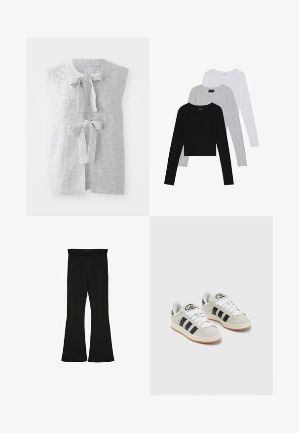 Szürke, ujjatlan kötött mellény, bordázott textúrával és két elülső masnival. Nyitott elülső kialakítása van, lágy és könnyű anyagból készült.; Három hosszú ujjú póló egymásra rakva: fekete, szürke és fehér. Mindegyiknek kerek nyaka van, és rövidített fazonnal rendelkezik, sima, könnyű anyagból készült.; Fekete trapéz leggings rugalmas anyagból készült. Széles derékpánttal és sima textúrával rendelkezik, illeszkedő sziluettje van, amely a szegélyen kigyullad.; Szürke velúr sportcipők fehér fűzővel, fekete csíkokkal és fehér gumitalppal. A nyelvén kör alakú logó található, illetve a talpa színes gumi.