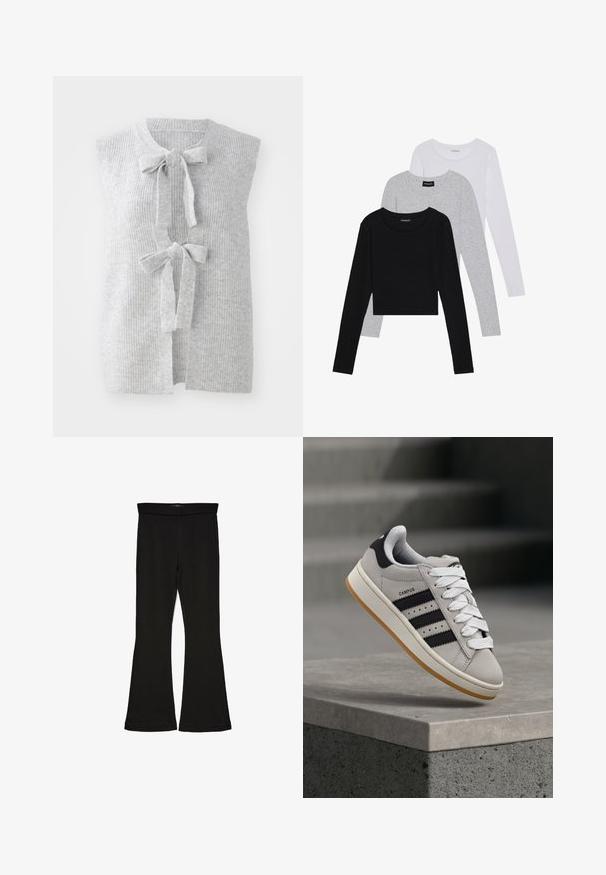 Gray, sleeveless knit vest featuring a ribbed texture and two front bow ties. Open front design with a soft, lightweight material.; Three long-sleeve tops stacked: black, grey, and white. Each has a round neckline and a cropped design with smooth, lightweight fabric.; Black flare leggings made from stretchy fabric. Features a wide waistband and a smooth texture, with a fitted silhouette that flares at the hem.; Gray Adidas Campus sneaker with black stripes and white laces floating above a concrete ledge with stairs in the background.