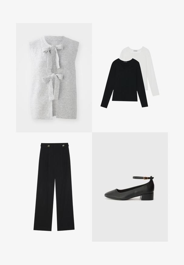 Gray, sleeveless knit vest featuring a ribbed texture and two front bow ties. Open front design with a soft, lightweight material.; Two long-sleeve tops, one black and one white, both featuring a square neckline and made from soft, stretchy fabric.; Black wide-leg trousers with high waist, button details on waistband, and front pleats.; Black leather pump with a pointed toe and a low block heel. Features an ankle strap with a gold-tone buckle. Smooth texture.
