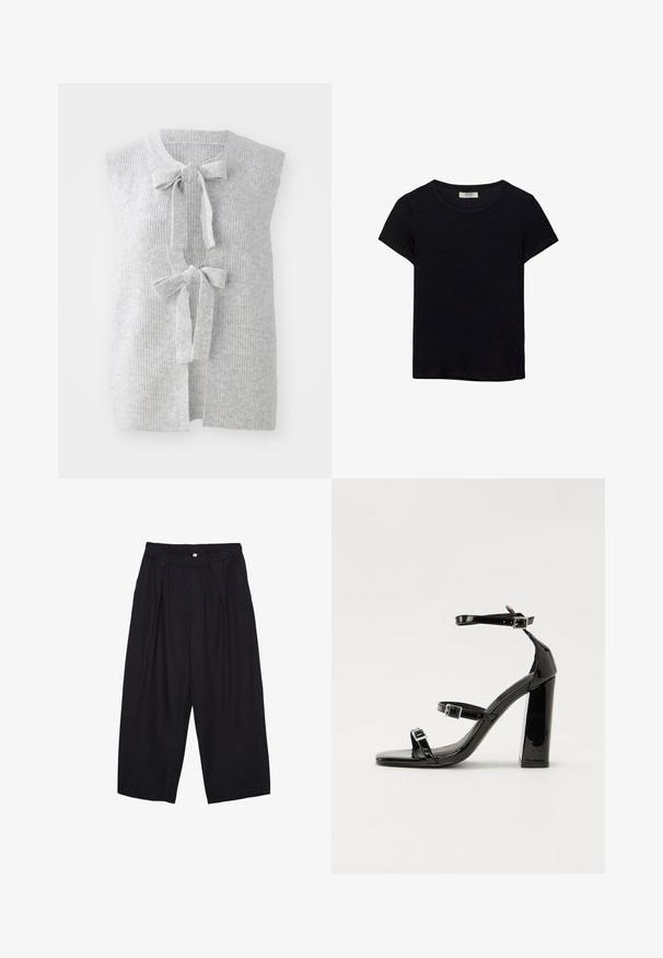 Sivá, bezrukávová pletená vesta s rebrovanou textúrou a dvoma prednými mašľami. Otvorený predný dizajn s mäkkým, ľahkým materiálom.; Čierne tričko s krátkym rukávom vyrobené z jemného materiálu. Má klasický okrúhly výstrih a voľný strih. Bez vzorov alebo akcentov.; Čierne polyesterové culotte nohavice s elastickým pásom, dvoma prednými záhybmi a voľným strihom. Žiadne viditeľné vzory ani detaily z kovu.; Čierne lakované sandále na podpätku so štvorcovou špičkou, navlečenými remienkami okolo členku a striebornými prackami. Disponujú masívnym blokovým podpätkom pre stabilitu.