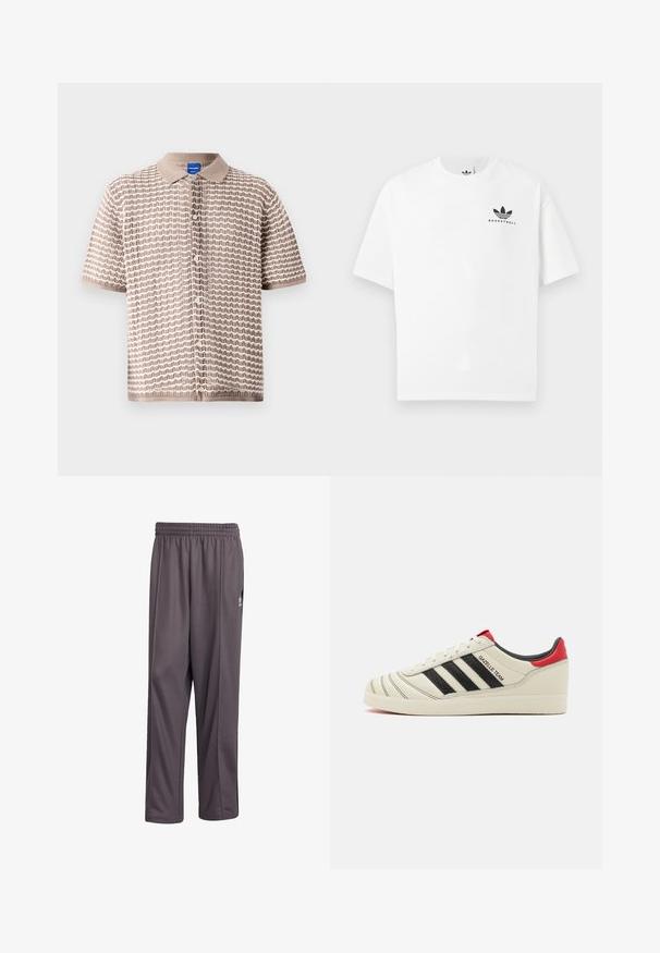 Chemise à manches courtes à boutons en beige avec un motif en vagues texturé, présentant un col et de petits boutons sur le devant.; T-shirt en coton blanc à manches courtes, avec un logo "BASKETBALL" noir et un design iconique à trois bandes à l'avant.; Pantalons de sport gris en tissu léger. Dotés d'une taille élastique et d'une coupe droite. Inclut un petit logo sur le côté.; Baskets en cuir crème avec des rayures noires, des accents rouges au talon et des détails texturés. Elles sont dotées d'une semelle en caoutchouc et d'un système de laçage.