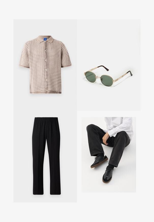 Koszula z krótkim rękawem zapinana na guziki w kolorze beżowym, z teksturowanym wzorem falowym, wyposażona w kołnierzyk i małe guziki z przodu.; Biała koszulka z krótkim rękawem z czerwonym napisem "Studio Originals Edition" po lewej stronie klatki piersiowej, wyeksponowana na neutralnym szarym tle.; Czarne spodnie z elastycznym pasem o prostym kroju, z gładką strukturą i bez widocznych wzorów czy elementów metalowych.; Czarne sneakersy z gładką i textured cholewką, z gumową podeszwą i ciemnymi sznurowadłami. Połączone z czarnymi dżinsami i bluzką w białe paski.; Okrągłe okulary przeciwsłoneczne z zielonymi soczewkami, złotą metalową oprawą, wydłużonymi zausznikami i akcentami w kolorze skóry żółwia na elementach bocznych.