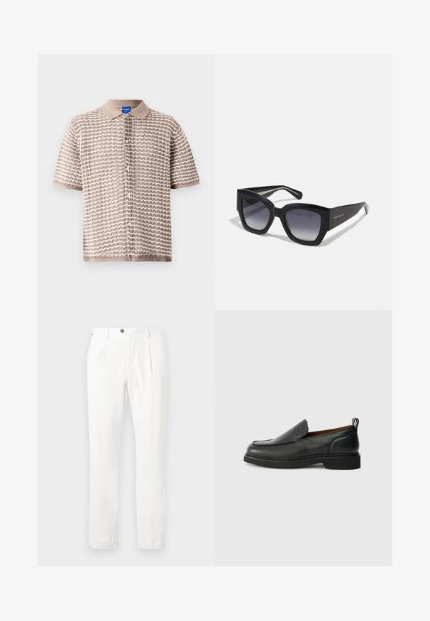 Koszula z krótkim rękawem zapinana na guziki w kolorze beżowym, z teksturowanym wzorem falowym, wyposażona w kołnierzyk i małe guziki z przodu.; Granatowa bawełniana koszulka z okrągłym dekoltem i krótkimi rękawami. Ma małe zielone logo na lewej kieszeni na piersi. Miękka w dotyku.; Białe spodnie z płaskim przodem, dwiema zakładkami i zapięciem na guzik. Wykonane z lekkiego materiału, z prostymi nogawkami i podwiniętymi mankietami.; Czarne skórzane buty wsuwane z zaokrąglonym noskiem, teksturowaną cholewką, kontrastującym czerwonym przeszyciem i niskim obcasem. Posiada pętelkę do chwytania.; Czarne, oversize okulary przeciwsłoneczne z geometrycznym szkielet i gradientowymi soczewkami, z kontrastowym kolorem wewnętrznej części oprawki. Logo widoczne z boku.
