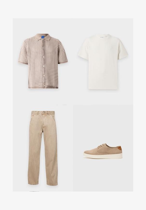 Beige īsās piedurknes pogājamā krekla ar teksturētu viļņu rakstu, ar apkakles kakla spēku un mazām pogām priekšpusē.; Balta krūštura īsām piedurknēm ar ribota auduma faktūru. Apaļš kakla izgriezums, brīvs griezums, bez redzamām rakstām vai akcentiem. Vienkāršs un daudzpusīgs dizains.; Beige džinsi ar taisnu kāju dizainu, ar priekšējiem kabatām, metāla pogu aizdari un smalku faktūru.; Beige zamšādas kedas ar noapaļotu purngala daļu, auklēm saplacinātu priekšpusi un teksturētu aizmugures akcentu. Balta gumijas zole nodrošina kontrastu. Vienkāršs un mūsdienīgs dizains.