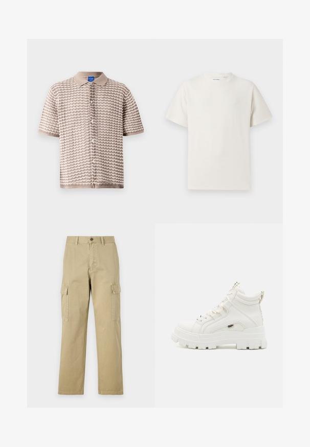Korte mouwen overhemd met knopen in beige met een gestructureerd golfpatroon, voorzien van een kraag en kleine knopen aan de voorkant.; Witte korte mouwen T-shirt met ribbelstructuur. Ronde hals, ontspannen pasvorm, geen zichtbare patronen of accenten. Eenvoudig en veelzijdig ontwerp.; Beige cargobroek van katoen, met twee zijzakken, een knoopsluiting en rechte pijpen van een licht gestructureerde stof.; Witte enkelhoge sneakers met een gestructureerde afwerking, dikke rubberen zool en gevoerde kraag. Beschikt over een vetersluiting en een logo-accent.