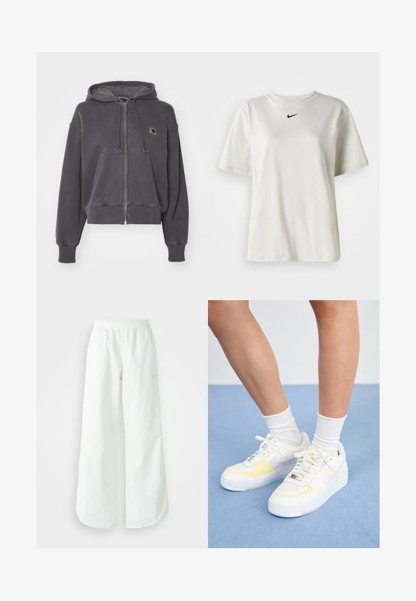 Carhartt WIP HOODED NELSON JACKET - Cipzáras pulóver - graphite; Fehér pamut póló kerek nyakkal és rövid ujjal. A mellkason egy kis fekete Nike logó található. Egyszerű és díszítetlen dizájn.; Fehér, bő szárú sportnadrág ribbelt derékpánttal és diszkrét logórésszel. Simá szövet, laza szabással és taperált szárral.; Fehér bőr sneakers sárga és levendula színű kiegészítőkkel, kerek orral, lapos fűzökkel és texturált gumitalppal. Fehér zoknival viselve.
