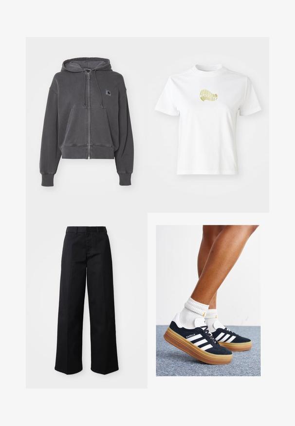 Carhartt WIP HOODED NELSON JACKET - Majica s kapuljačom i patentnim zatvaračem - graphite; Bijela pamučna majica s žutim grafičkim dizajnom sprijeda. Okrugli izrez, kratki rukavi i opušteni kroj. Glatka tekstura.; Crne široke hlače od mekog pamučnog materijala. Imaju klasični pojas, bočne džepove i ravni kroj do rubova.; Crne tenisice od brušene kože s bijelim prugama i detaljima, okruglim vrhom, gumeni potplat boje gume, uparene s bijelim rebrastim čarapama.