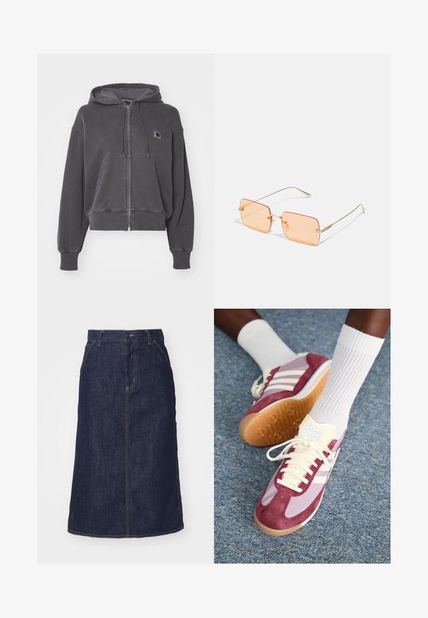 Carhartt WIP HOODED NELSON JACKET - Felpa con zip - graphite; Top senza maniche nero realizzato in tessuto ribbed, con scollatura rotonda e un piccolo logo sul davanti. Design semplice e aderente.; Gonna di jeans scuro con vita alta, taglio dritto, tasche frontali e cuciture a vista. Presenta una chiusura con zip e bottone in vita.; Sneakers con un design in scamosciato bordeaux e lilla chiaro, con tre strisce bianche, lacci color crema e una linguetta gialla texture. Suola in gomma.; Occhiali da sole con montatura in metallo dorato e lenti rettangolari di colore arancione. Braccia distintive sottili e accenti testurizzati sottili vicino agli snodi.