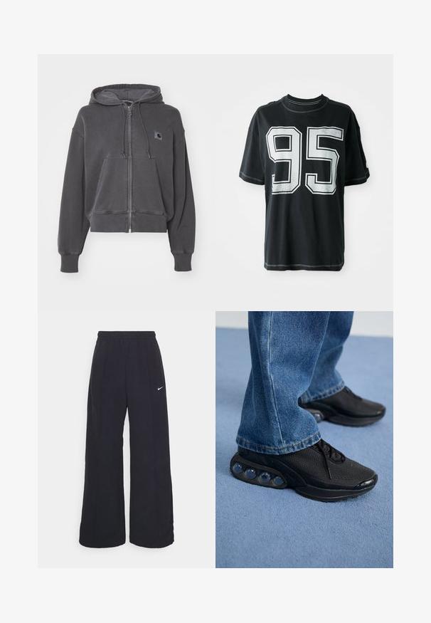 Carhartt WIP HOODED NELSON JACKET - Užtrauktuku užsegamas treningas - graphite; Juodas medvilnės marškinėliai su trumpomis rankovėmis, ant priekinės dalies yra balta spausdinta numeris "95" ir kontrastingos siūlės palei kraštus.; Juodos plačios kojos kelnės su elastinga liemene ir mažuoju baltu Nike logotipu. Audinys turi lygią tekstūrą, sukurtas patogumui ir kasdieniam nešiojimui.; Juodi sportiniai bateliai su tinkliniu viršumi, tekstūruotais akcentais ir matomais oro pagalvėmis pado viduje. Dėvimi su mėlynais džinsais.