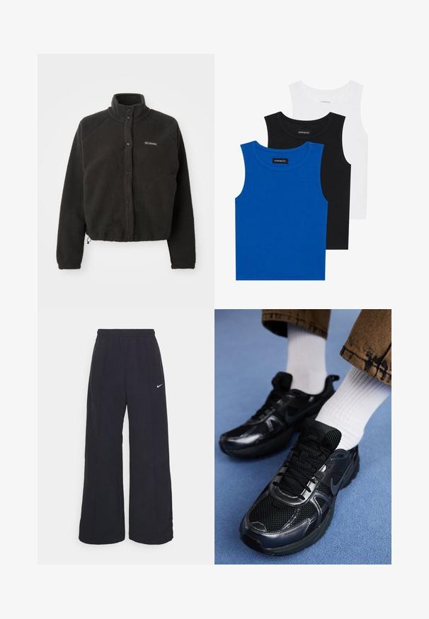 Svart fleecejacka med hög krage, tryckknappar och strukturerad tyg. Har raglanärmar och en justerbar fåll för en snug passform.; Tre ärmlösa tröjor i blått, svart och vitt. Tyget är ribbat med rund halsringning. Varje tröja har en etikett märkt "even&odd."; Svarta byxor med vida ben, elastisk midja och en liten vit Nike-logotyp. Tyget har en slät yta, designad för komfort och avslappnad användning.; Svarta Nike sportskor med en mesh-överdela och glansiga detaljer, svarta snörningar och en texturerad sula. Matchas med vita ribbade strumpor.