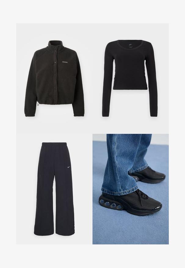Sort fleecejakke med høj krave, trykknapper og struktureret stof. Har raglanærmer og en justerbar kant for en tætsiddende pasform.; Langærmet, cropped t-shirt i ensfarvet sort bomuld. Har en rund halsudskæring og let sideflæse for et tætsiddende look.; Sorte brede bukser med elastisk talje og et lille hvidt Nike-logo. Stoffet har en glat tekstur, designet til komfort og afslappet brug.; Sorte træningssko med mesh-overdel, teksturerede detaljer og synlige luftdæmpningspodere i sålen. Båret med blå denimjeans.