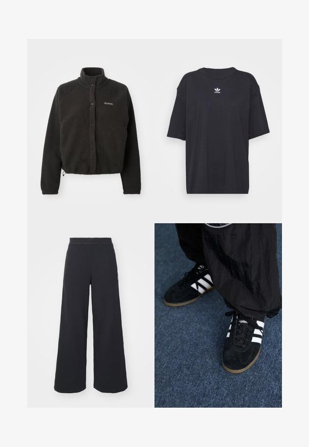Polar fleece preto com gola alta, botões de pressão e tecido texturizado. Apresenta mangas raglan e uma bainha ajustável para um ajuste confortável.; T-shirt de algodão preto com mangas curtas, decote arredondado, apresenta um logótipo branco da Adidas no peito. Design simples, ajuste descontraído.; Calças de fato largas, pretas, feitas de tecido macio, com uma cintura elástica e um pequeno logótipo do lado esquerdo.; Tênis atléticos em camurça preta com três listras brancas e cadarços pretos. Uma calça preta texturizada é parcialmente visível ao lado dos tênis.