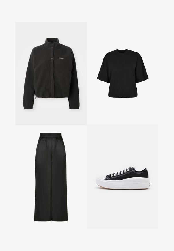 Črna flis jakna z visokim ovratnikom, pritisnimi gumbi in teksturirano tkanino. Ima raglan rokave in prilagodljiv spodnji del za udobno prileganje.; Črna kratka majica iz bombaža. Ima kratke roke in okroglo izreza. Gladka tekstura z enostavnim dizajnom, brez dodatnih vzorcev.; Črne široke hlače iz gladkega, sijočega materiala z elastičnim pasom in brez vidnih žepov ali kovinskih detajlov.; Črne platnene športne copate z belimi vezalkami, belim gumijastim prstnim zaščitnikom in masivnim belim srednjim podplatom. Imajo subtilne bele šive in gumijast podplat.