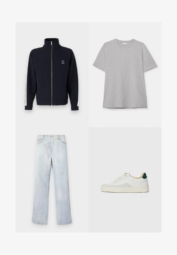 Navy zip-up sweatshirt with high collar, featuring white side stripes and embroidered logo on the chest. Soft fabric and ribbed cuffs.; Gray short-sleeve T-shirt made from soft, textured fabric. Features a classic crew neck and a straight hem, suitable for casual wear.; Light blue denim jeans with a straight leg design, featuring a button closure, five pockets, and contrast stitching.; White sneaker with suede accents, rounded toe, flat laces, and a cream rubber sole. Features green branding on the heel.