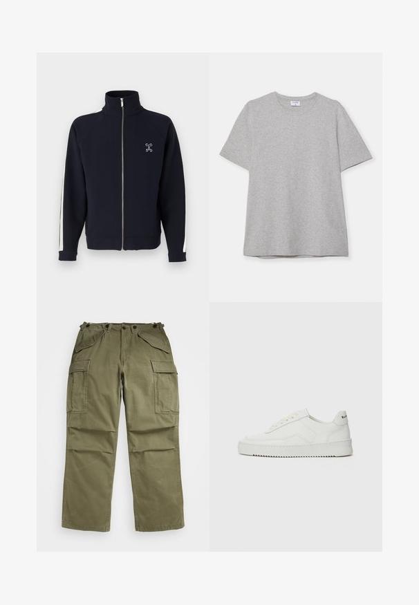 Navy zip-up hettegenser med høy krage, med hvite sidestiper og brodert logo på brystet. Mykt stoff og ribbede mansjetter.; Grå kortermet T-skjorte laget av myk, teksturert stoff. Har en klassisk rund hals og en rett kant, passende for uformell bruk.; Olivengrønne cargo bukser lavet af tekstureret stof, med flere lommer foran og i siden samt forstærket syninger i sømmene.; Hvite lærersneakers med en jevn overflate, rund tå, flate lisser og en teksturert såle. Har en subtil logo på hælen.