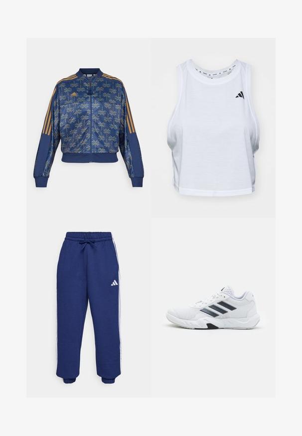 adidas Sportswear ADIDAS FARM RIO TIRO TRACK - Majica s kapuljačom i patentnim zatvaračem - bronze strata/dark marine/night indigo; Bjela skraćena majica bez rukava izrađena od laganog materijala s okruglim izrezom. Sadrži crni logo s lijeve strane i glatku teksturu.; Mornarske sportske hlače izrađene od mekog materijala, s bijelim bočnim trakama, elastičnim pojasom s podesivom vezicom i elastičnim manžetama.; Bijela atletska cipela s mrežastim gornjim dijelom, tri crne pruge sa strane, strukturirani detalji i čvrst gumeni potplat s kontrastnim crnim dijelom.