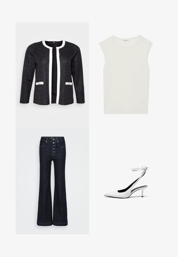 Melnā teksturētā kardigāna ar baltu apdari, apaļu kaklu, atvērtu priekšpusi un divām mazām kabatām ar zelta akcentiem.; Balts bez piedurknēm tops ar apaļu kakla izgriezumu. Izgatavots no gludas auduma, tam ir brīvs piegriezums un minimālistisks dizains. Nav nekādas rakstainības vai akcentu.; Tumši denima plaša džinsi ar augstu jostu, pieci priekšējie pogas un kontrastējoša balta šuvju šuvju un apakšmalas. Klasisks dizains.; Baltas, ar norādītu pirkstu, ar siksniņu ap potīti. Gluda ādas virsma, plāns stiletto papēdis un melna iekšējā oderējums.