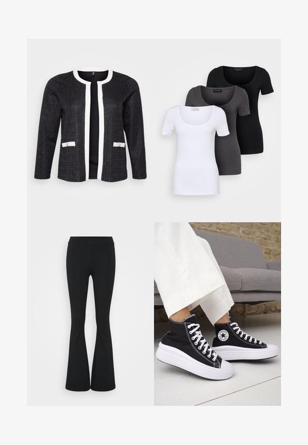 Fekete textúrájú kardigán fehér díszítéssel, kerek nyakkal, nyitott elülső résszel és két kisebb zsebbel, arany részletekkel.; Három szűkített T-póló fehér, szürke és fekete színben. Mindegyik széles, kerek nyakkal és rövid ujjakkal rendelkezik. Simább, elasztikus anyagból készült.; Fekete harangszárú nadrág, rugalmas anyagból készült, magas derékkal és sima felülettel. A nadrág a térdtől kezdve bővül.; Fekete magas szárú tornacipők fehér gumitalppal és fűzővel. Kör alakú logófolttal és kontrasztos fehér varrással. Vászon anyagból.