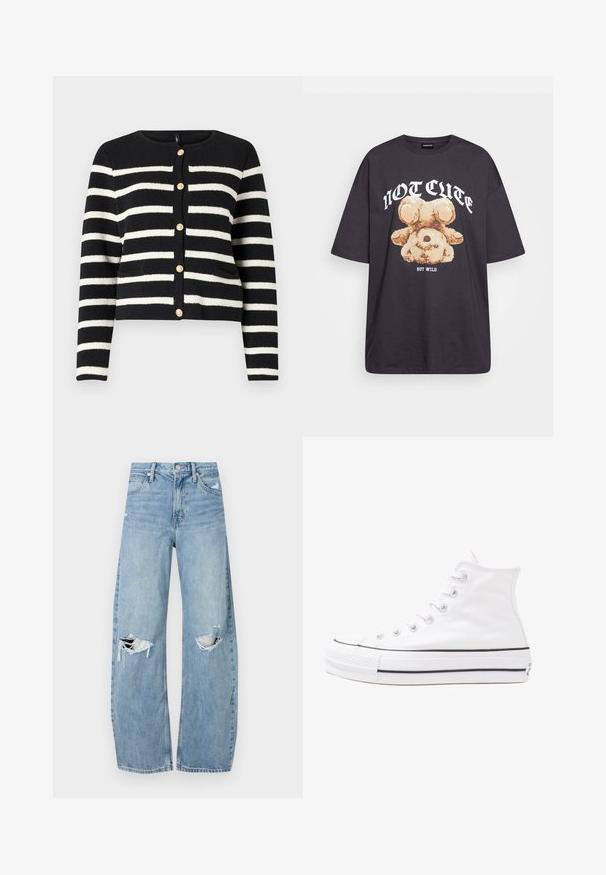 Črno-bež progast kardigan z okroglo izrezom, zlatimi gumbi spredaj in dvema sprednjima žepoma. Struktura pletenine.; Črna oversized majica s kratkimi rokavi, na kateri je grafika medveda z besedilom „NI SRČKAN VKLJUČNO Z DIVJIM“ v poudarjenem belem tisku. Material: bombaž.; Svijetloplave traperice visoki struk. Imaju široke nogavice, dva poderana područja na koljenima i klasičan petotoksi stil.; Beli visoki platneni športni čevelj z črnim gumijastim podplatom, sprednjim gumijastim zaščitnikom za prste in šestimi luknjicami za vezalke, ki se ponaša s preprostim, minimalističnim dizajnom.