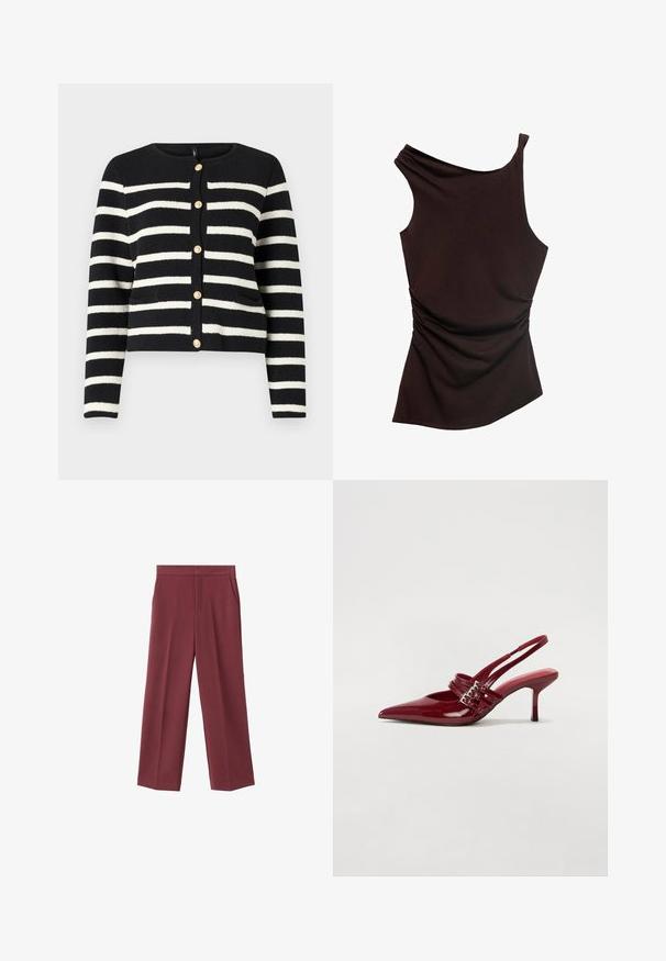 Cardigan cu dungi negre și albe, cu guler rotund, nasturi aurii pe față și două buzunare frontale. Material tricotat texturat.; Top asimetric de culoare brown, cu design pe un umăr, textură plisată pe o parte și finisaj neted pe tot parcursul. Material moale, elastic.; Pantaloni largi de culoare vișinie, cu o textură fină, dotate cu buzunare laterale și un design cu talie înaltă. Croiți cu o pliu curat pe față.; Pantofi cu toc slingback din piele roșie lacuită, cu vârf ascutit, două curele cu cataramă și un toc subțire, de înălțime medie. Textură netedă.