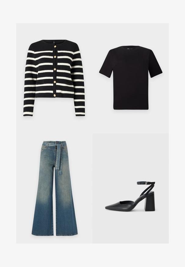 Black and white striped cardigan with a round neckline, gold buttons down the front, and two front pockets. Textured knit fabric.; Black short-sleeve t-shirt with a round neckline, crafted from soft cotton fabric. Simple design, no visible logos or patterns.; Wide-leg denim trousers featuring a light to dark blue gradient, high waist, belt loops, and a matching fabric belt. Textured denim finish.; Black leather pointy-toe pump with an ankle strap and a chunky heel. Flat texture, sleek design, and minimalistic aesthetics.