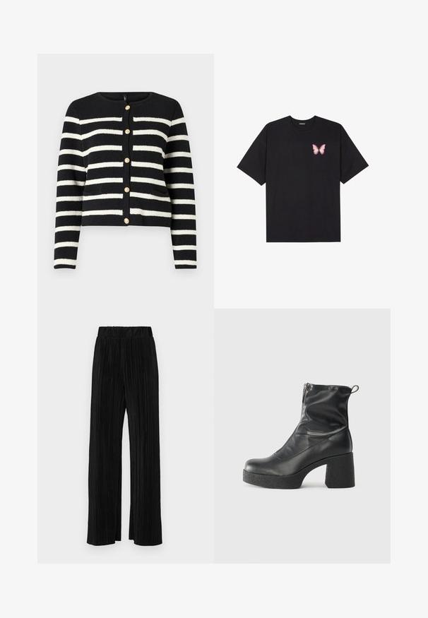 Melnā un baltā svītrota kardigāna ar apaļu dekoltē, zeltītas pogas priekšā un divām priekšējām kabatām. Strukturēts adījums.; Melna kokvilnas T-krekls ar īsām piedurknēm, kuram priekšā kreisajā pusē ir neliels rozā tauriņa grafiskais attēls. Ar apaļu kaklu un brīvā stila piegriezumu.; Melni plīšu bikses ar elastīgu jostu. Tām ir platākas kājas un gluda, teksturēta auduma ar vertikālām svītrām.; Melni potītes zābaki, kas izgatavoti no gludas ādas, ar sānu rāvējslēdzēju, masīvu strukturētu papēdi un noapaļotu purngalu.