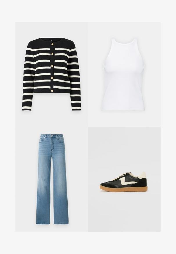 Mustra mustriga mustikaardi, ümarate kaeluste ja kuldsete nuppudega ees ning kahe eesmise taskuga. Tekstuuriga kootud kangas.; Valge ilma varrukateta T-särk, mis on valmistatud ribakangast, ümarate kaelustega ja kitseneva siluetiga, minimaalse õmbluste ning ilma kaunistusteta.; Heledsinine kõrge talje ja sirge jalgadega teksad. Valmistatud denimist, viis taskut ja nööpide sulgemine.; Must musta ja nahast sneakersid, millel on koorevärvi külgsuund ja hele koorik. Omab beeži paelu ja kummi kummist välistalla.