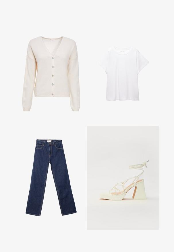 Cardigan en tricot de couleur crème avec des manches longues, un col en V et cinq boutons de couleurs pastel variées. Texture douce et coupe décontractée.; T-shirt blanc en tissu doux et léger. Il présente un col rond et des manches courtes et larges avec une coupe décontractée. Aucun motif visible.; Jean droit bleu foncé avec poches avant, passants de ceinture et fermeture à bouton.; Sandale blanche à talons hauts avec un talon épais, présentant un design à lanières et un lien autour de la cheville. Texture lisse avec une plateforme à l'avant pour une hauteur supplémentaire.