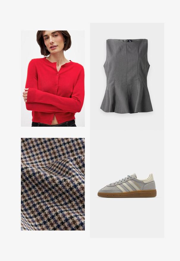 Červený kardigán s dlhým rukávom vyrobený z pleteniny, s okrúhlym výstrihom, predným zapínaním na gombíky a manžetami s rebrovaním. Úzky strih s kratším lemom.; Sivý peplum top s pevnou, bezrukávovou konštrukciou. Vyrobený z hladkej tkaniny, ktorá má vertikálne švy a rovný výstrih.; Textília v kockovanom vzore s farbami béžová, hnedá, námornícka modrá a čierna s textúrovaným povrchom. Jemný a splývavý vzhľad.; Šedé semišové tenisky s svetlosivými koženými pruhmi a gumovou podrážkou. Medzi vlastnosti patrí šnurovanie a jemné logo na jazyku.